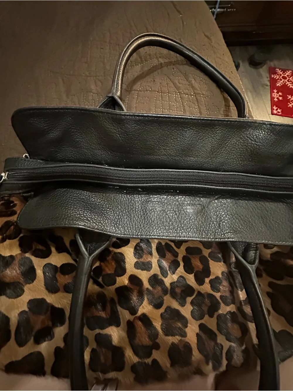 Leopard Print Faux Fur Tote with Black Trim